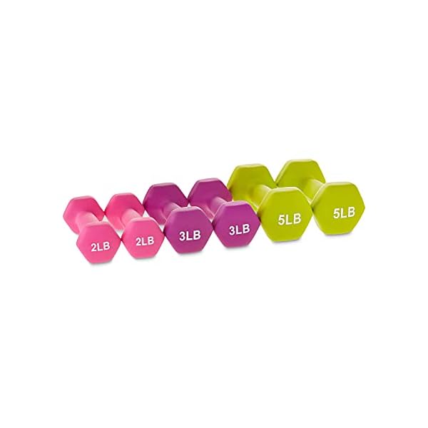 Amazon-Basics-Neoprene-Coated-Dumbbell-Hand-Weight-Set Amazon Basics Neoprene Coated Hexagon Workout Dumbbell Color Coded Hand Weight with Storage Rack, 20 Pounds (3 Pairs set of 2, 3, and 5 Pounds), Multicolor