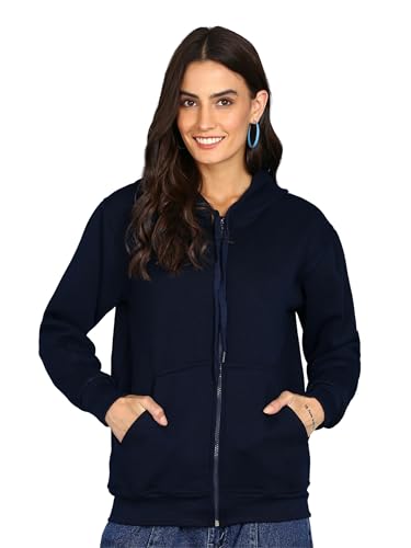 Image of FALTU.CO Women’s Full Sleeve Cotton Zipper Hoodie with Pockets | Regular Fit Hooded Sweatshirt Pullover for Winter, Casual, Outdoor, Travel & Everyday Wear | Navy Blue |