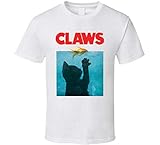 Claws Jaws Funny Cat and Fish Joke T Shirt S White
