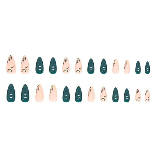 Image of Green Press on Nails Short Almond Stick on Nails Nude Fake Nails with Leaf Design Glossy Full Cover False Nails Artificial Acrylic Nails for Women Girls Diamond Manicure 24Pcs