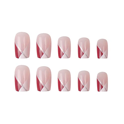 Mervf French Press On Nails Short Square Fake Nails Tip White And Red Ballerina Acrylic Nails Glossy 24Pcs Nude False Nails With Designs For Women And Girls #TOP1