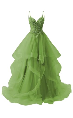 Women's Lace Appliques Tulle Prom Dresses Princess Ball Gowns V Neck Puffy Evening Gowns4