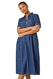Roman Originals Denim Zip A-Line Midi Dress for Women UK - Ladies Everyday Holiday Spring Summer V-Neckline Comfy Soft Evening Vacation Work Party - Denim - Size 14
