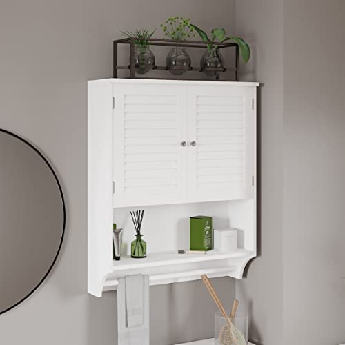 Wall-Mounted-Bathroom-Organizer-Medicine-Cabinet-or-Over-the-Toilet-Storage-with-Stylish-Shutter-Doors-and-Towel-Bar-by-Lavish-Home-White Wall Mounted Bathroom Organizer Medicine Cabinet or Over the Toilet Storage with Stylish Shutter Doors and Towel Bar by Lavish Home White