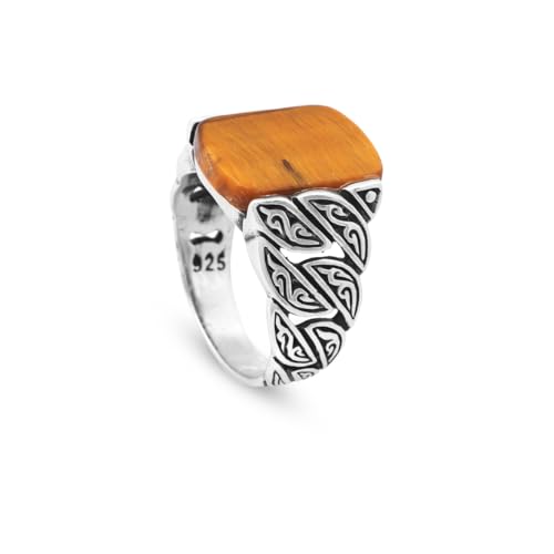 Bague œil-de-tigre vintage en argent massif avec gravures ottomanes