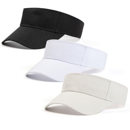 Sun Visors for Men Women, 3 Pcs Adjustment Sun Hats for Women and Ladies, Women's Ponytail Baseball Tennis Golf Ball Running Cycling Fishing Jogging Sports Caps, Black+White+Beige