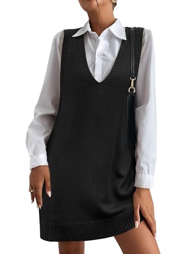 Image of HOTOUCH Women Sweater Vest Oversized V Neck Sleeveless Knit Pullover Ribbed Vest Dress with Pockets