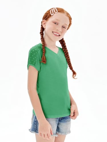 Image of Haloumoning Girls V Neck T-Shirts Kids Summer Swiss Dot Short Sleeve Tops Cute Fashion Tees 5-14 Years