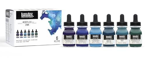 Liquitex 3699375 flüssige Professional Acrylfarben - Ink Tusche im Set hochpigmentierte Airbrushfarbe Wassertöne 6 Farben a 30ml