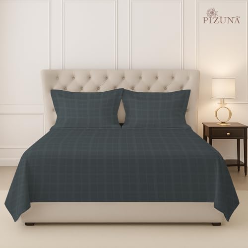 Image of Pizuna 100% Cotton Bedsheet Super King Size with 2 Pillow Covers, 300 Thread Count Long Staple Cotton, Checks Pattern Flat Bed Sheet 108X108 Inch for Superking Bed, Anthrazit-Grey