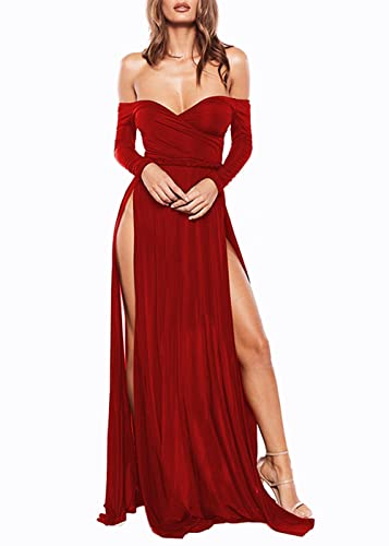 Ohvera Women's Sexy Strapless Long Sleeves V-Neck Two Sides High Split Maxi Long Dress Red Medium