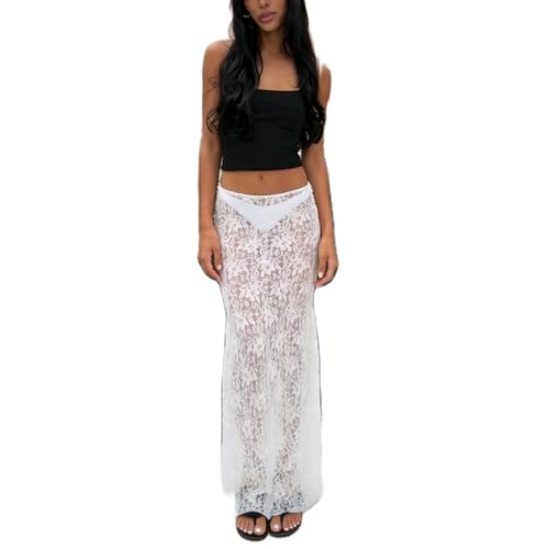 Women Lace Long Skirt Low Rise A-line Midi Skirt Y2K Summer Elegant Beach Party Maxi Skirts(J-Cute Summer Maxi Skirt White,M)