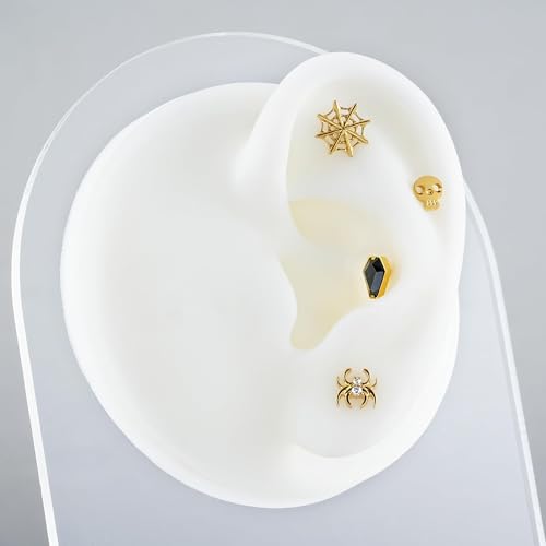 FINE4U Gold Halloween Coffin Jewelry for Women Gold 16 6mm 8mm - Flat Back Earrings Stu for Conch, Helix, Flat, Lobe4