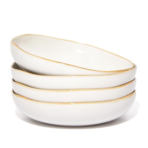 Image of Pokini 8.26 inch Ceramic Pasta Bowls Set of 4, 36Oz Large Salad Bowl Plates | Irregular Stoneware Serving Bowls for Pasta, Noodle, Fruit, Microwave & Dishwasher Safe, Reactive Glaze Pasta Plates, White