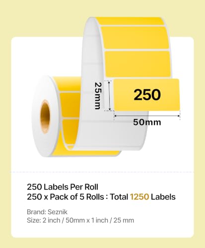 Image of SEZNIK Waterproof, Non-Tearable, Long Lasting Print, Sticky Thermal Lables, Label Roll, 2 inch Adhesive Thermal Labels for Label Printers (50mmx25mm) - 1250 Lables, Yellow