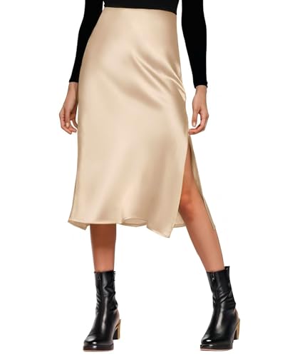 Image of Amy Babe Womens Satin Silk High Waist Slit Midi Skirt Long Skirts for Women | Elastic Waistband, Side Split, Midi Length, Below the Knee, Silky Fabric, Elegant, Fall Winter Outfits