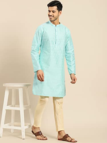 Image of Men's Navy Blue Cotton Festive Wear Regular Fit Woven Design Kurta | Indian Wedding Wear Kurta | Festive Ethnic Kurta