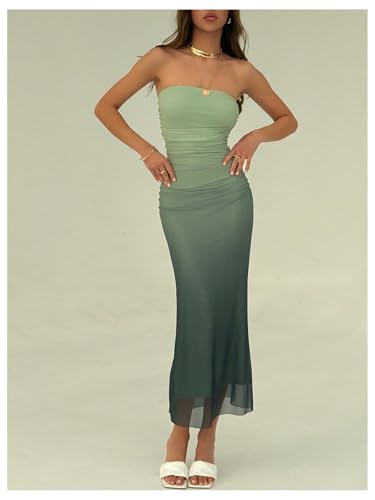 Image of GORGLITTER Women's Sunset Ombre Strapless Cocktail Bridal Shower Midi Dress | Orange Wedding Guest Dress, Mesh Tube Dress, Bridesmaid Dresses, Vacation Beach Sundresses,