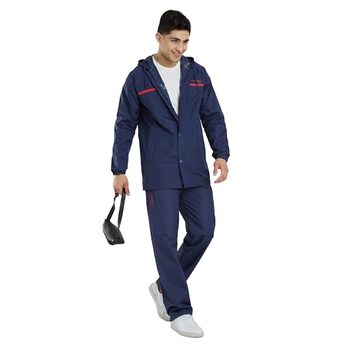 Image of Water Fighter by ZEEL Rain Coat for Men with Adjustable Hood, Polyester Waterproof Full Sleeves, Top and Bottom Set Rainwear, Front Zip with Snap Button Flap (EWF1020, Navy, XXL)