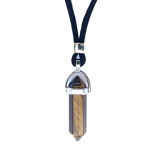 Colgante Hombre Mujer Piedra Energética Natural Punta de Flecha y zamak bañado en Plata - Collar Amuleto Gema Curativa de Protección - Ideal para Regalo (Ojo de tigre)