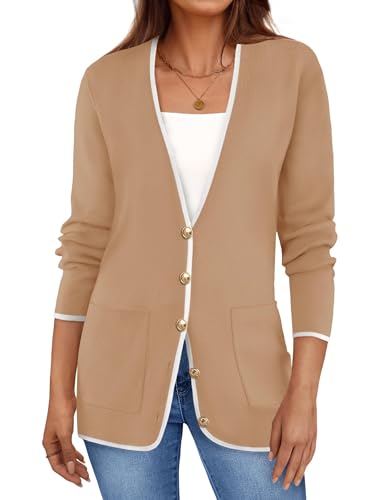 ZESICA Women's Fall Fashion Cardigan Sweaters Long Sleeve Button Open Front Color Block Coatigan with Pockets