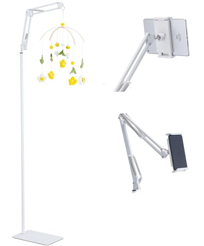 Image of LamYHeng Metal White Floor Stand for Crib Mobile Arm,3Lbs Sturdy Base,68.9“-31" Height Adjustable,Nursery Mobile Floor Holder Hanger Compatible with Baby Cribs Mobile Hanging & Bassinets