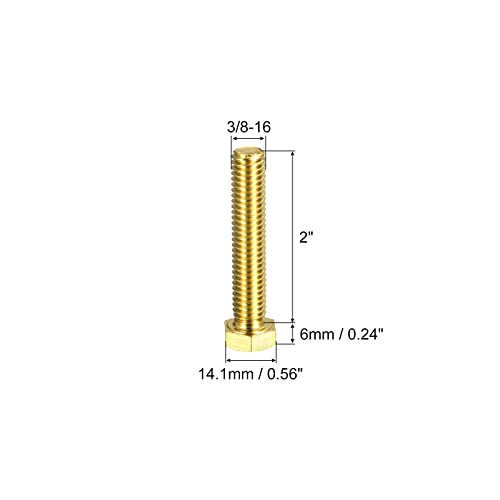Image of uxcell Brass Hex Bolts, 3 /8-16x2 1pcs Fully Thread Grade 4.8 Solid Brass Hexagon Head Bolt Machine Screws for Machinery
