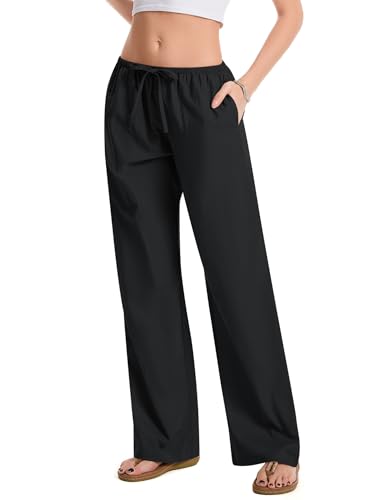 AKEWEI Women Cotton Linen Summer Palazzo Pants Drawstring Waist Wide Leg Lightweight Beach Trousers with Pockets2