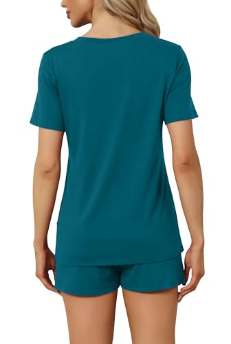 Image of RUBZOOF Women's Short Sleeve Pajama Sets with Pockets Casual V Neck 2 Piece Lounge Sets S-3XL