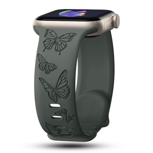 Image of Butterfly Engraved Bands Compatible with Apple Watch Band 41mm 40mm 38mm 49mm 46mm 49mm 46mm 45mm 44mm 42mm Women, Silicone Sport Strap for iWatch Series SE 10 9 8 7 6 5 4 3 2 1 SE Ultra