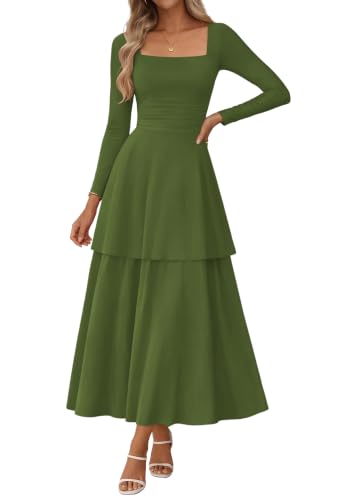 Lazysmile Women's Corset Long Sleeve Square Neck Ruffle Maxi Dresses