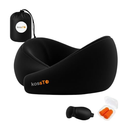 kossto Travel Neck Pillow - 100% Memory Foam Neck Support Pillow for Flight Travel, Adjustable Velcro Straps, Includes Eye Mask & Noise Isolating Ear Plugs with Free Travel Pouch | Velvet Black