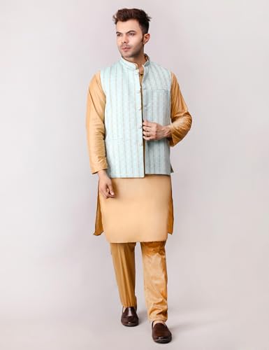 Image of Men's Cotton Silk Blend Regular Kurta Pyjama, Embroidered Nehru Jacket /Waistcoat Set