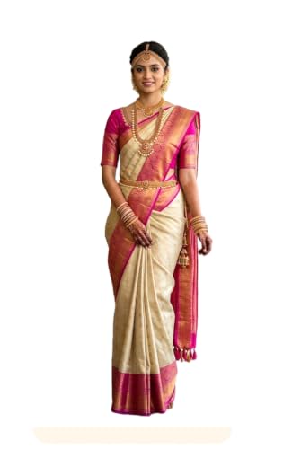Image of VFCollections Women's Kanchipuram Silk Bridal Pure Pattu Cream White Sarees With Blouse