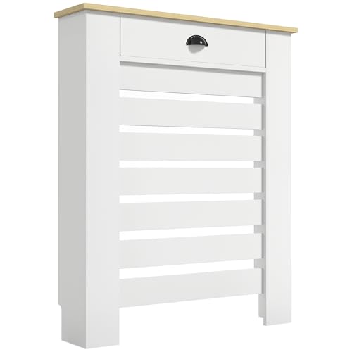HOMCOM Couvercle de radiateur, cache radiateur, grille à lattes horizontales, avec tiroir, pour salon, chambre à coucher, couloir, en bois, 78 x 19 x 95,5...