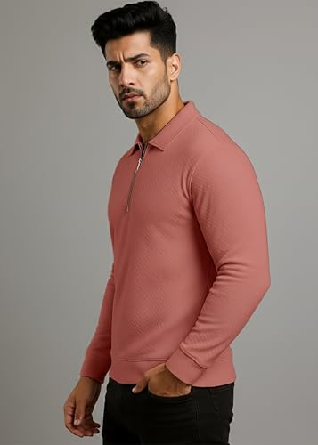Image of Peppyzone Men's Full Sleeve Textured Polo T-Shirt with Collar | Stylish Chain Zip Tshirt for Man | Premium Polyester Lycra Stretch Fabric | Long Sleeve T Shirt for Men
