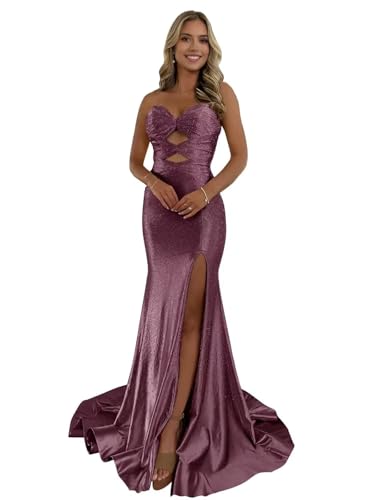 Kncpti Women's Strapless Prom Dresses Mermaid Sparkly Sequin Cutout Long Evening Gowns Formal Cocktail Party Dress with Slit Wisteria 14
