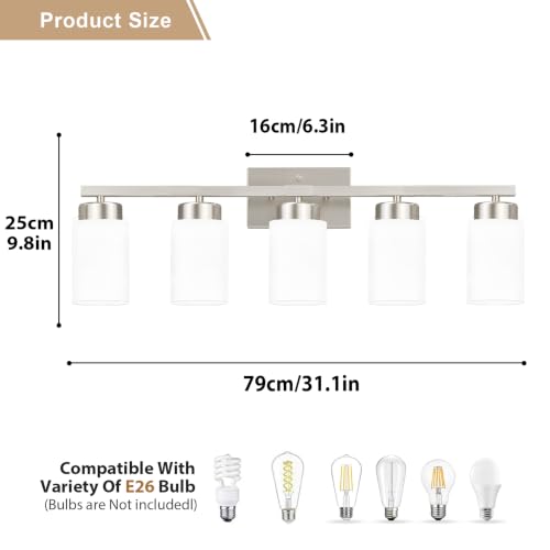 Image of IZORRO Bathroom Light Fixtures, Modern Vanity Lights, Bathroom Lighting Fixtures Over Mirror with Milky White Shade, Wall Sconce for Living Room Cabinet Bedroom (Brushed Nickel, 5-Light)