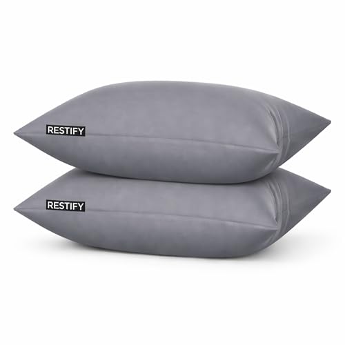 Image of Restify Microfiber Bed Pillow Pack of 2, 24 x 16 Inch Grey | Ultra Soft Sleeping Pillows for Adults | Breathable Velvet Cover | Hotel Quality Pillow for Back, Side & Stomach Sleepers