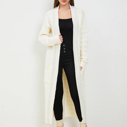 Aperlamiri Cardigan Sweater for Women Trendy Front Drape Oversized Long Cardigan Pearl Trimmed Casual Lounge Wear3