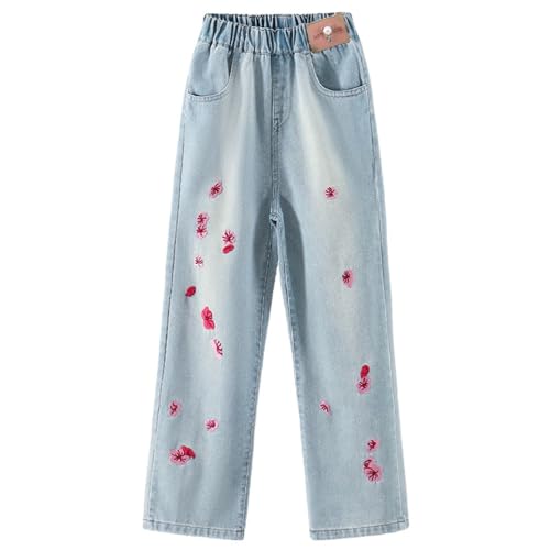 Girls Baggy Jean Casual Wide Leg Denim Pants Flower Embroidered Elastic Waist Kid Trousers Size 4-14 Years4