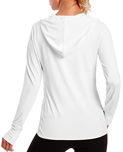 Women's Upf 50+ Sun Protection Uv Jacket - Zip Up Hoodie Long Sleeve Hiking Fishing Spf Performance Shirt With Thumbhole White #TOP1