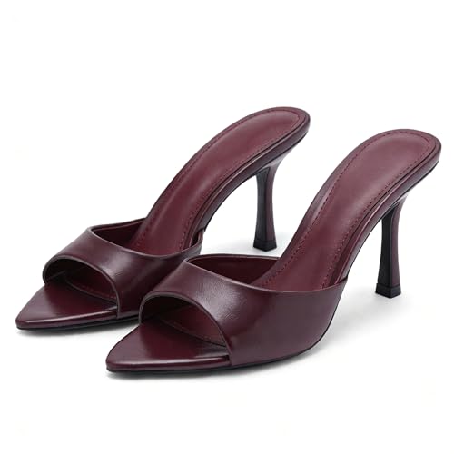 Image of Riekhany High Heel Mules for Women Slip On Open Pointed Toe Classy Patent Leather Stiletto Pumps Formal Slingback Mule Sandals Dress Walking Shoes