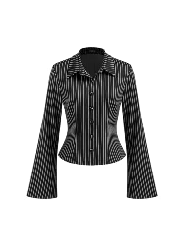 CIDER Womens Striped Button Down Blouse Bell Sleeves Fitted Dressy Casual Collared Crop Tops Y2K Office Siren Clothes
