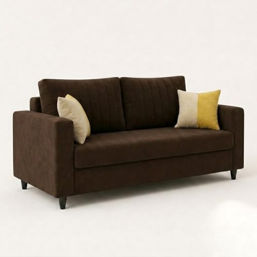 Image of FURNY Luxury Conva 2 Seater Sofa Set for Living Room |Soft Suede Fabric Upholstered | Modern Cushioned Comfortable Couch for Home Office & Drawing Room | Dark Brown