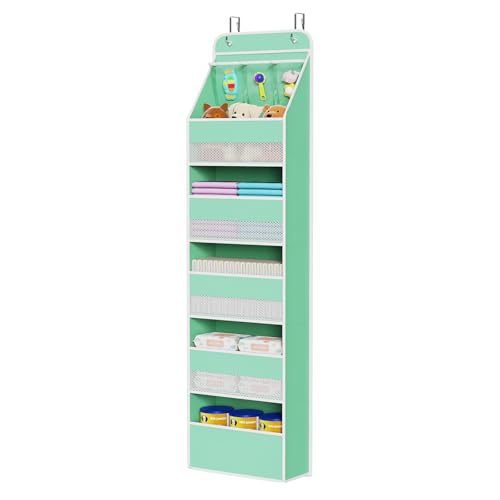 Image of Univivi 6-Shelf Over Door Hanging Organizer Fabric Baby Door Storage with 5 Large Pockets and 3 Small PVC Pockets Wall Mount Hanging Storage Organizers for Baby Essential (Green)