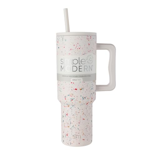 Simple Modern 40 oz Trek Tumbler with Handle and Straw Lid | Cup Holder Friendly Insulated Stainless Steel Travel Mug | Cream Terrazzo