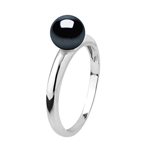 PEARLS & COLORS - Bague Véritable Perle de Culture d'Eau Douce Ronde 6-7 mm - Coloris Black Tahiti - Qualité AAA+ - Disponible en Or Jaune et Or Blanc -...