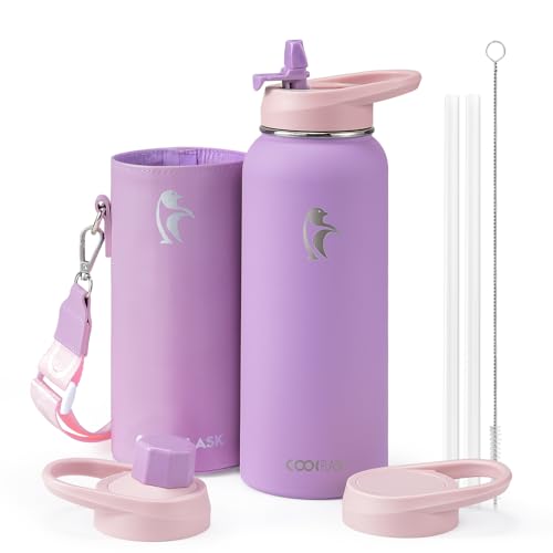 Image of Coolflask 40 oz Water Bottle Insulated with PU Leather Sleeve & 3 Lids