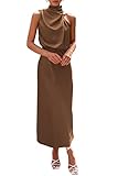 PRETTYGARDEN Women's 2025 Summer Satin Dress Elegant Sleeveless Mock Neck Cocktail Party Maxi Dresses (Khaki,Medium)